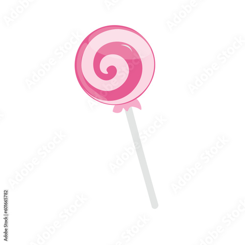 Lollipop candy vector illustration with various spiral and ray patterns. Sweet colorful lollipop candy on stick. Cartoon style. Flat vector isolated on white background. Pink candy.