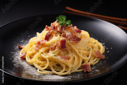 Spaghetti carbonara in dish