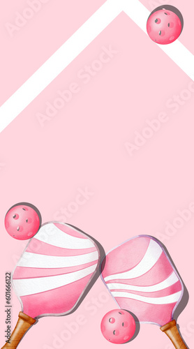 Template for sports flyer with pink pickleball racquets and balls. Popular American hobby