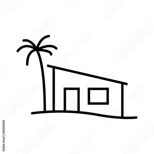 Logo casa de la playa. Silueta de casa con la palma lineal