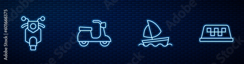 Set line Yacht sailboat, Scooter, and Taxi car roof. Glowing neon icon on brick wall. Vector