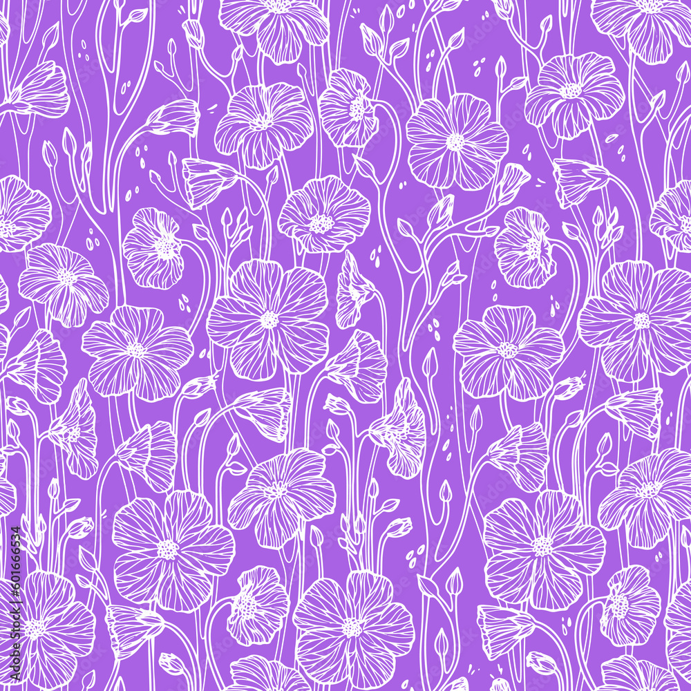 White Line Drawn Flowers on Purple Background Vector Pattern