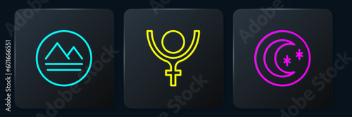 Set line Earth element, Moon and stars and Symbol Pluto. Black square button. Vector