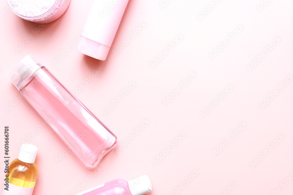 Flat lay beauty on a pink background. Glamor cosmetics. spa bottle mockup