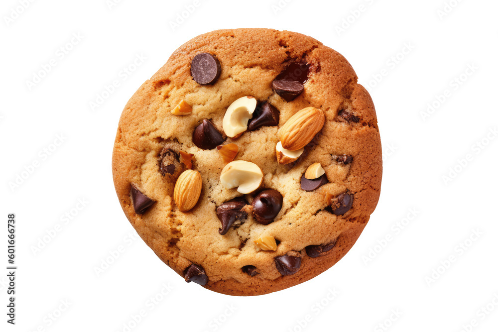 Chocolate chip and almond cookies isolated on transparent background. Generative Ai - obrazy, fototapety, plakaty 