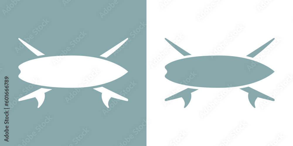 Logo club de surf. Silueta de tabla de surf sobre tablas cruzadas Logo club de surf. Silueta de tabla de surf sobre tablas cruzadas