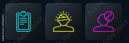 Set line Psychological test, Yin Yang symbol and Concussion, headache. Black square button. Vector
