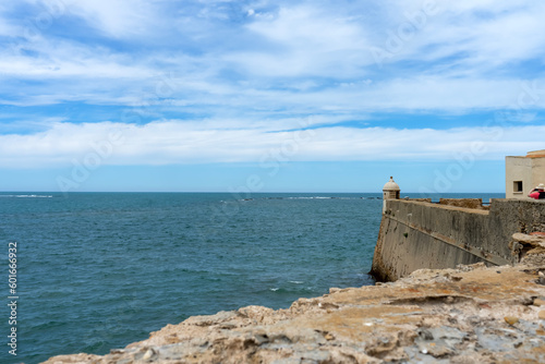 Atlantic ocean view from Castle of Saint Catalina in Cadiz, Spain on April 30, 2023