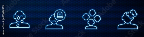 Set line Schizophrenia, Tear cry eye, Male doctor and Solution problem in psychology. Glowing neon icon on brick wall. Vector
