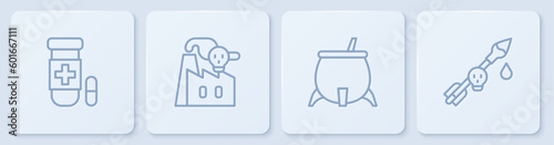 Set line Antidote, Witch cauldron, Smoke from factory and Poison the arrow. White square button. Vector