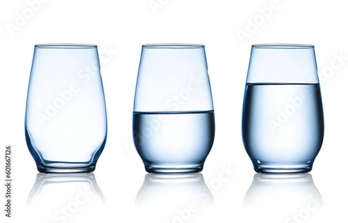 Empty,half and full water glasses isolated  photo