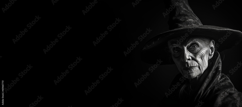 Black and white photorealistic studio portrait of a wicked witch on black background. Generative AI illustration
