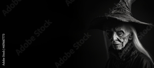 Black and white photorealistic studio portrait of a wicked witch on black background. Generative AI illustration