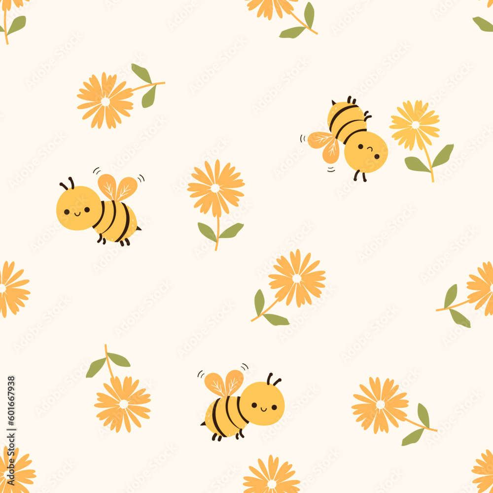 Fototapeta premium Seamless pattern with bee cartoons and cute flower on yellow background vector illustration.