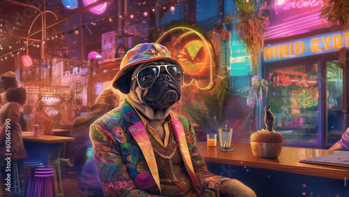Frat pugs are chilling in the club with a drink. Funny animal fantasy. Hilarious dogs. Vibrant coloured scenes. Cinematic universe. AI art.