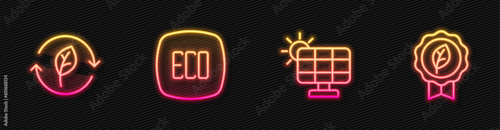 Set line Solar energy panel, Recycle symbol with leaf, Leaf Eco and . Glowing neon icon. Vector Set line Solar energy panel, Recycle symbol with leaf, Leaf Eco and . Glowing neon icon. Vector