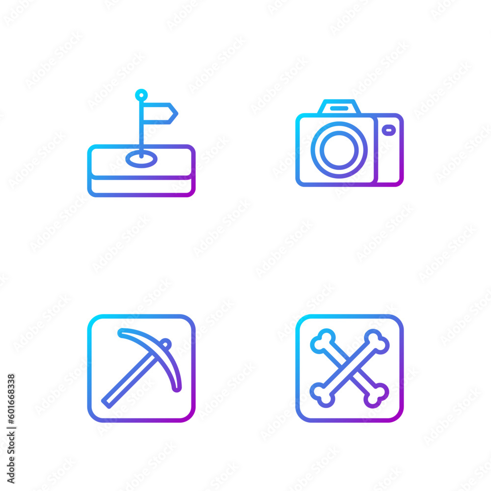 Set line Archeology, Pickaxe, Flag and Photo camera. Gradient color icons. Vector