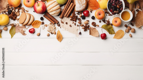 Thanksgiving background decoration, dry leaves, berries and pumpkins on white wooden background. Flat lay, copy space. Top view for Autumn, fall, Thanksgiving concept.