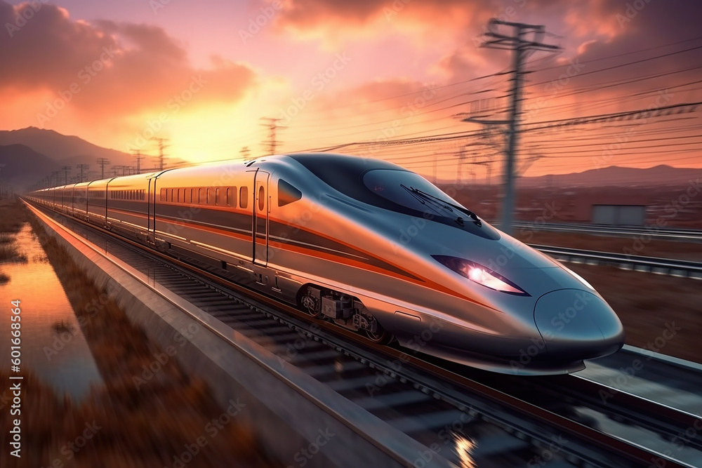 Naklejka premium High speed bullet train speeding theough the countryside at sunset with motion blur. Generative AI.