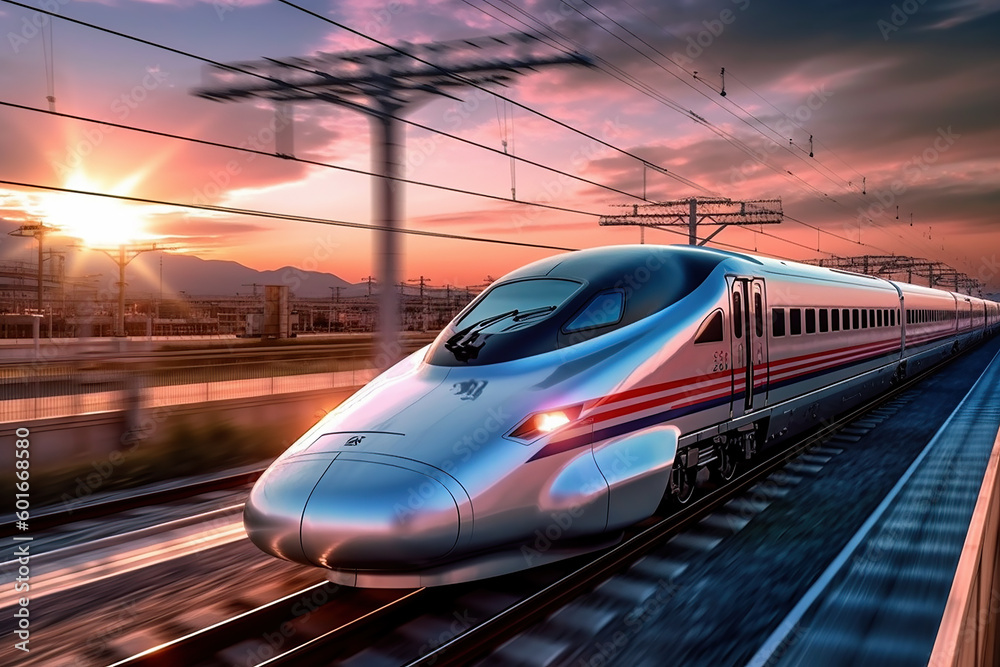 Fototapeta premium High speed bullet train speeding theough the countryside at sunset with motion blur. Generative AI.