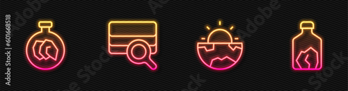Set line Earth core structure crust, Exhibition with minerals, rocks, Soil analysis and Ore mining. Glowing neon icon. Vector