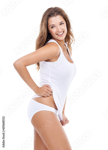 Smile, side view and flirt with a woman in underwear isolated on a transparent background for sexy style. Beauty, happy desire or turn with an attractive young female model flirting in pajamas on PNG © Mayur/peopleimages.com
