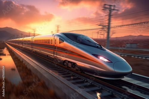 High speed bullet train speeding theough the countryside at sunset with motion blur. Generative AI. photo