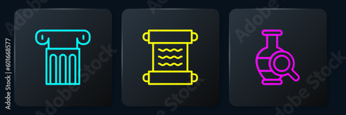 Set line Ancient column, amphorae and Papyrus scroll. Black square button. Vector