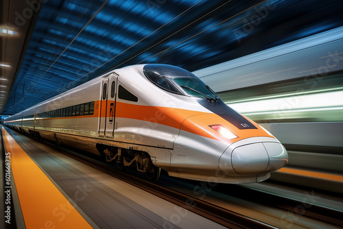 High speed bullet train speeding through a railway station with motion blur. Generative AI.