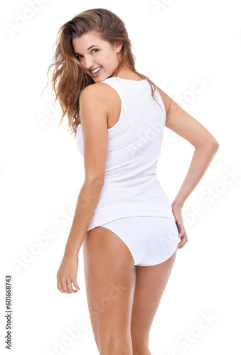 Portrait, back and cute with a woman in underwear isolated on a transparent background for sexy style. Beauty, feminine and turn with an attractive young female model looking over her shoulder on PNG © Mayur/peopleimages.com