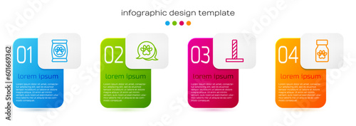 Set line Bag of food for pet, Paw print, Cat scratching post with toy and Medicine bottle and pills. Business infographic template. Vector