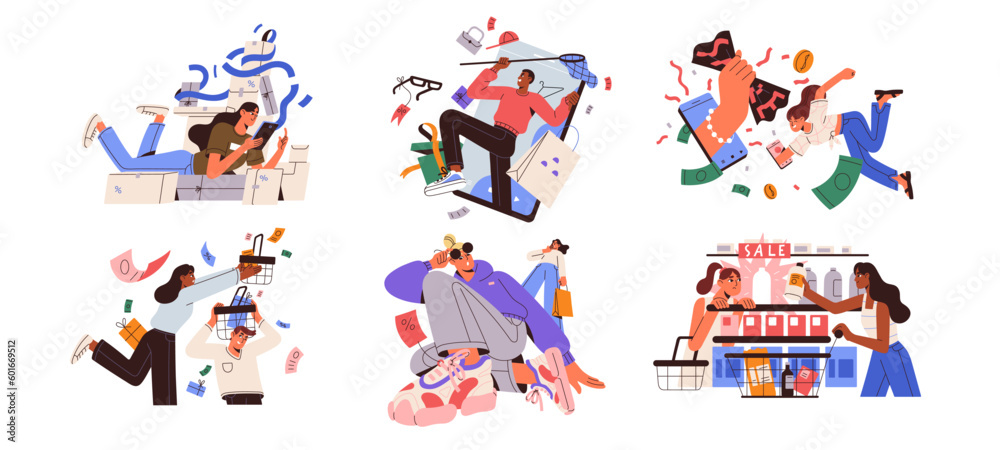 Sales, discount, shopping, consumerism concept. Happy customers, buyers buying goods, products, purchases in online and offline stores. Flat graphic vector illustrations isolated on white background