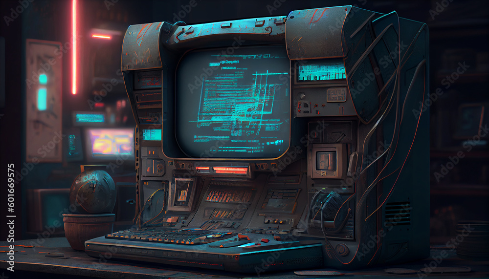 A futuristic illustration of a computer terminal in a cyberpunk-themed setting, featuring a sleek and industrial design, generative ai A futuristic illustration of a computer terminal in a cyberpunk-themed setting, featuring a sleek and industrial design, generative ai