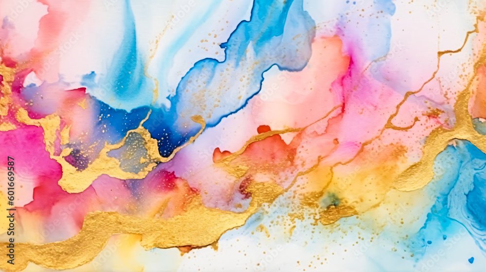Light colorful alcohol ink watercolor background with glittering gold. Luxury fluid art painting