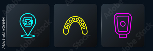 Set line Boxing helmet, training paws and Mouth guard boxer. Black square button. Vector