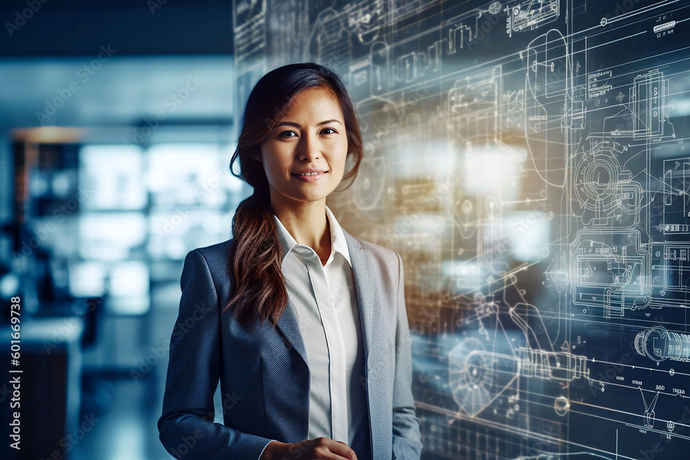 Fototapeta premium A female scientist standing in front of a large blackboard and showing and intricate diagrams. AI generativ.