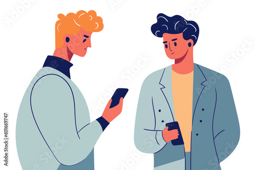 Internet addiction. Modern flat style. Two guys are looking at smartphones