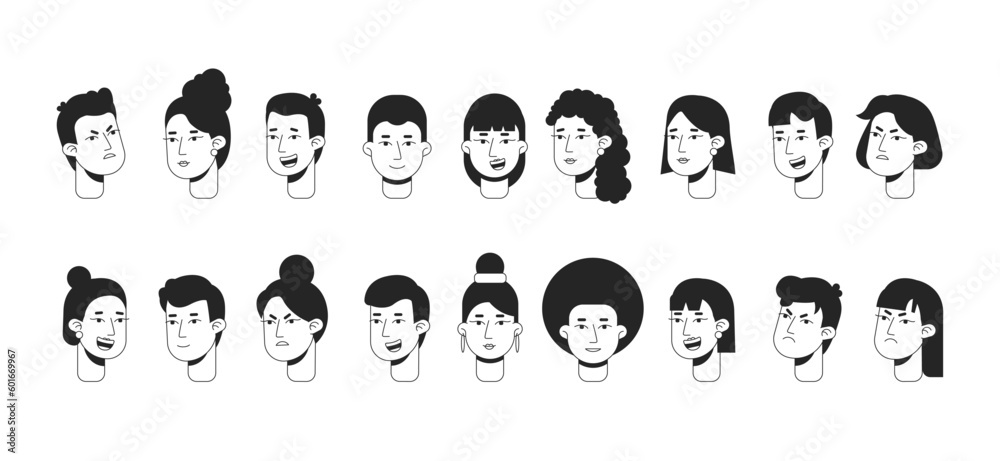 Side and front view emotional expressions monochrome flat linear character heads bundle. Editable outline people icons. Line users faces. 2D cartoon spot vector avatar illustration pack for animation Side and front view emotional expressions monochrome flat linear character heads bundle. Editable outline people icons. Line users faces. 2D cartoon spot vector avatar illustration pack for animation