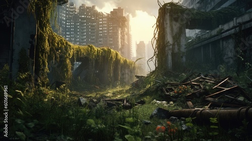 Post apocalyptic city in ruins after zombie pathogen wiped out last of humanity, nature reclaiming this urban jungle buildings with new growth of plants, dystopian future - generative ai 