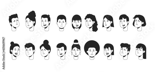 Side and front view emotional expressions monochrome flat linear character heads bundle. Editable outline people icons. Line users faces. 2D cartoon spot vector avatar illustration pack for animation