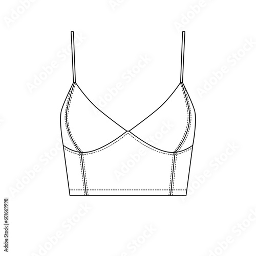 Sketch of a women's top with white spaghetti straps. Outline drawing of a bustier on a white background. Template for a women's short T-shirt with a neckline on thin straps. photo