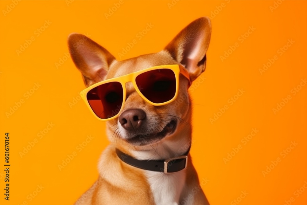 dog isolated funny pet blue background smile portrait sunglasses cute animal. Generative AI.