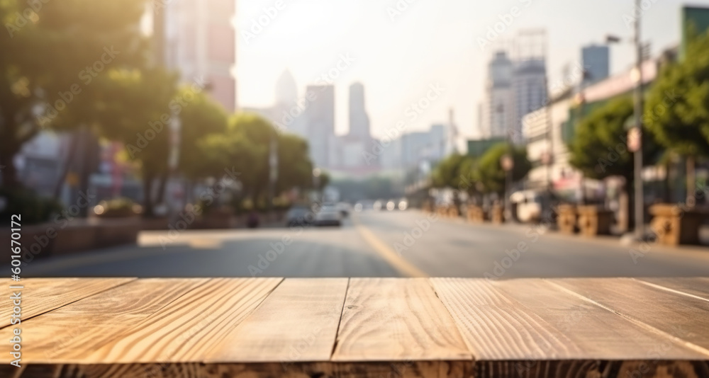 Wood table mockup with Singapore city street in shallow depth of field. Copy space for product. Generative AI