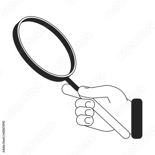 Hand holding magnifying glass bw concept vector spot illustration. Enlarge 2D cartoon flat line monochromatic first view hand for web UI design. Magnifier tool editable isolated outline hero image