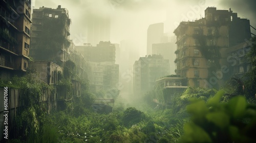 Post apocalyptic city in ruins after zombie pathogen wiped out last of humanity  nature reclaiming this urban jungle buildings with new growth of plants  dystopian future - generative ai  