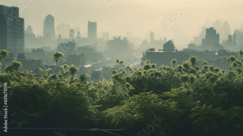 Post apocalyptic city in ruins after zombie pathogen wiped out last of humanity, nature reclaiming this urban jungle buildings with new growth of plants, dystopian future - generative ai 