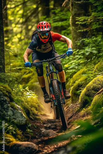 A mountain biker rides down a steep trail, surrounded by lush green trees and rocky terrain - ai generative