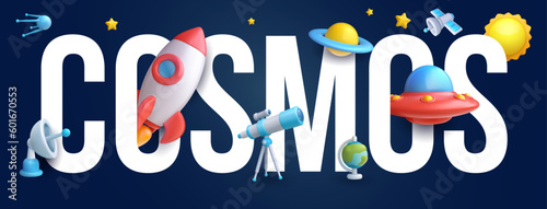 3d realistic cartoon space composition. Rocket, ufo, satellite, star, planet, sun, globe, radar, telescope. Inscription cosmos with glossy cute children objects in minimal style. Vector illustration.