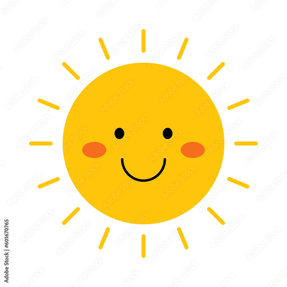 Vector funny sun in flat design. Happy smiling sun. Childish cute sunshine emoji. Kawaii yellow sun with sunbeams. Baby sunshine with blush.