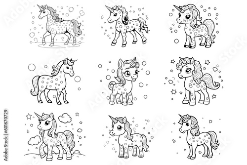Fototapeta Naklejka Na Ścianę i Meble -  A Cute Cartoon Unicorn Coloring Page in The Style of Polka Line | Unicorn Coloring Pages For Children